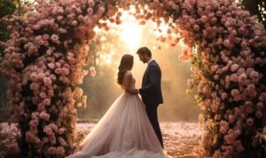 wedding-couple-in-love-in-flower-arch-generative-ai-photo